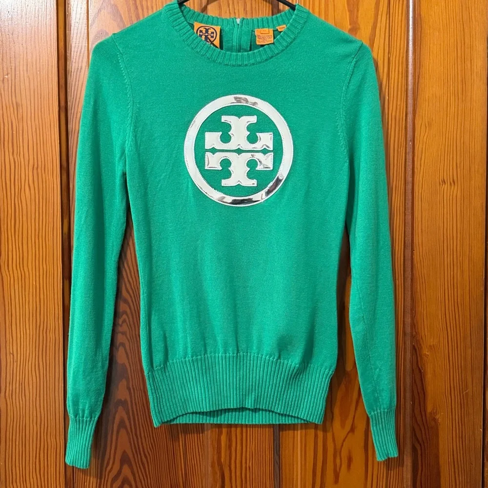 Tory Burch Wool Logo Pullover Sweater - Kelly Green with Silver Metallic Logo - Picture 2 of 15